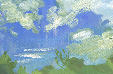 Painting of a green meadow with blue sky and white clouds