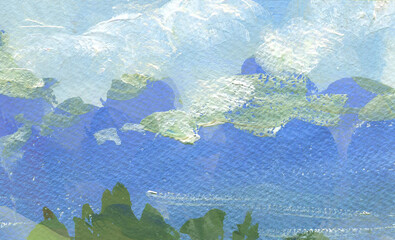Painting of a green meadow with blue sky and white clouds