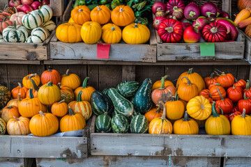 autumn harvest consisting of pumpkins, gourds and colorful autumn vegetables depicted against a burlap background. Pumpkins are surrounded by seasonal produce such as apples and fresh corn, 