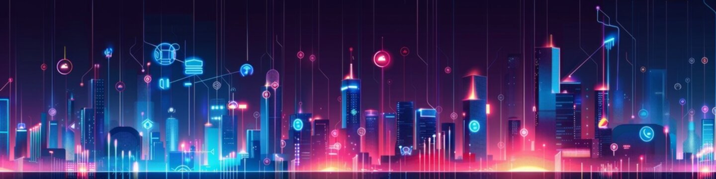 Abstract Smart Digital Cityscape: Futuristic Purple Skyline with Wireless Networks and Data Skyscrapers. Interconnected Urban Landscape Illustrating Advanced Internet of Things, 5G Connectivity, and I