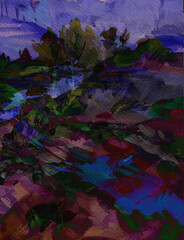 Painting of green, purple and pink flowers in a garden at night
