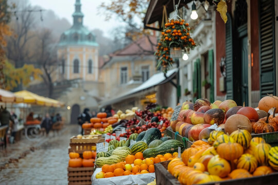 A fall market with stalls displaying colorful fall produce such as pumpkins, squash, and apples. Background of a charming town square with autumn decorations.