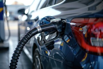 Fototapeta premium A close-up view of a fuel pump nozzle adding gas to a car at a gas station.