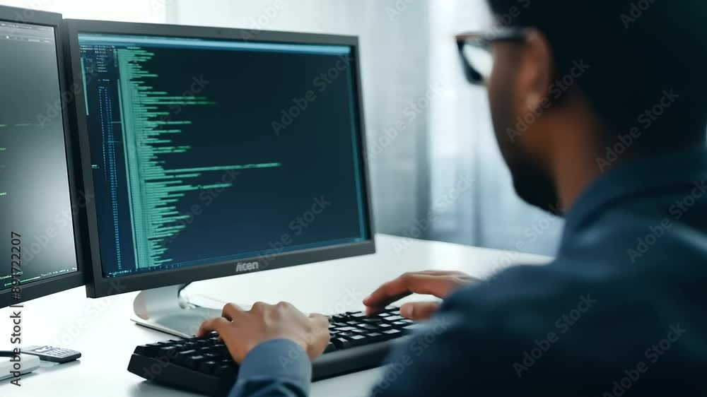 Aufkleber focused african american software developer analyzing code on a desktop monitor.