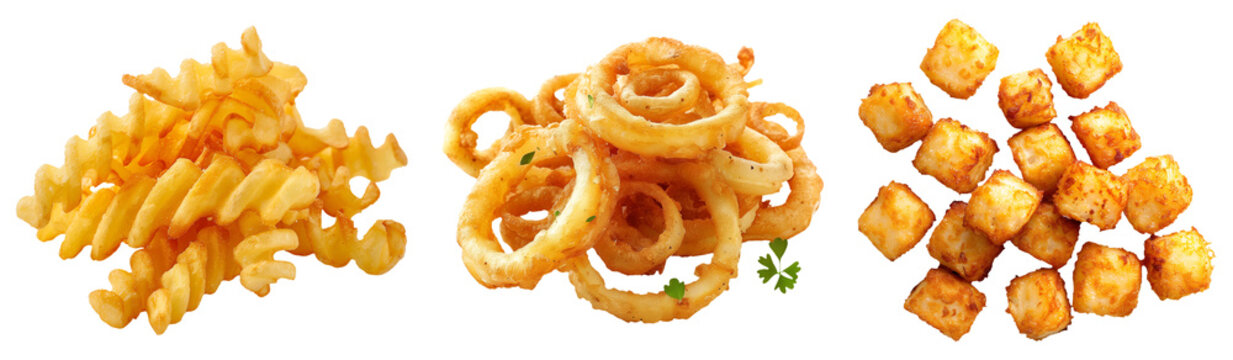 3 styles of potato fries, crinkle cut, ring, and tater tots, volume 1. Set of isolated food on transparent background.