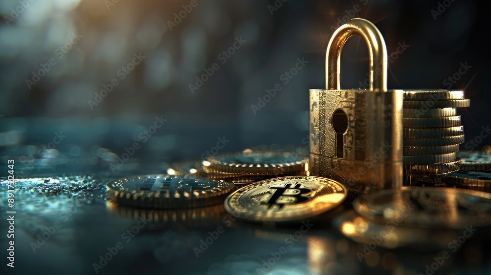 Poster concept of secure crypto savings with a golden padlock and bitcoin coins on a dark background. moder