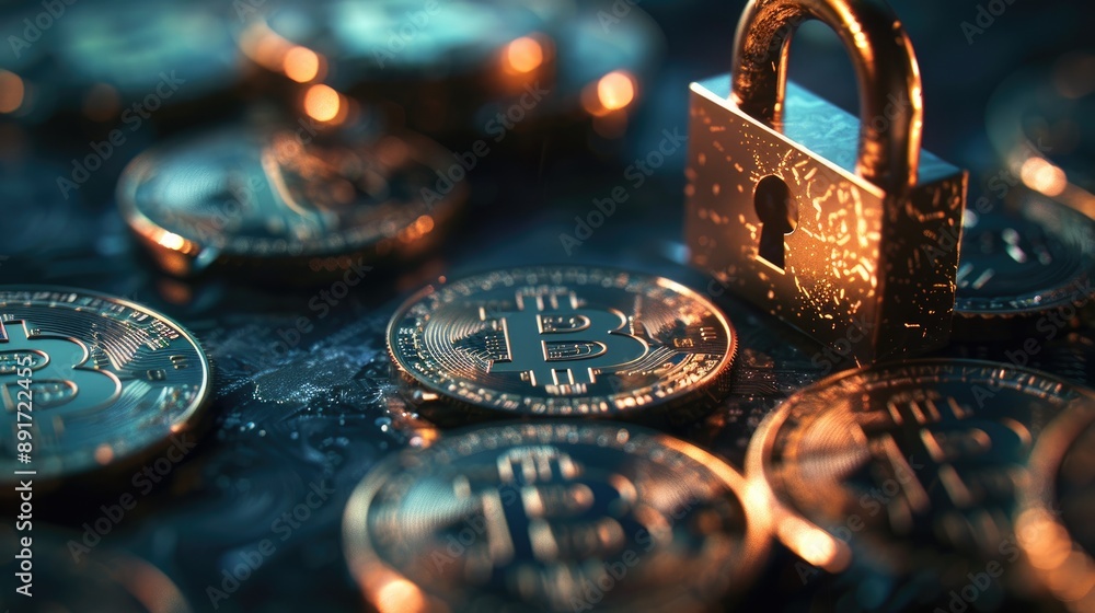 Aufkleber concept of secure crypto savings with a golden padlock and bitcoin coins on a dark background. moder