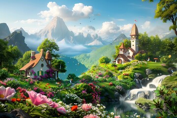 Enchanting fairytale village in a lush valley with picturesque cottages, vibrant flowers, and majestic mountains under a clear blue sky.