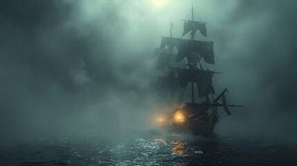 Spooky ghost ship sailing through a dark sea