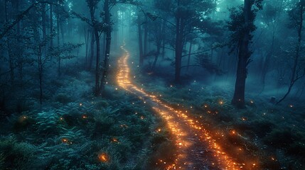 Fototapeta premium Spooky forest path with eerie lights and shadows