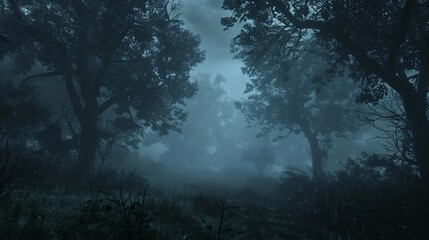 Spooky fog enveloping a haunted forest