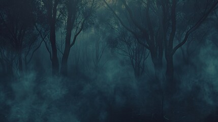 Spooky fog enveloping a haunted forest