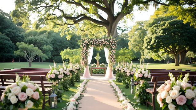 A breathtakingly romantic outdoor wedding ceremony setup in a lush green park, generative ai