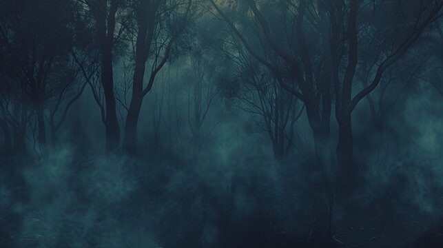 Fototapeta Spooky fog enveloping a haunted forest