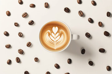 Coffee cup with latte art surrounded by coffee beans.