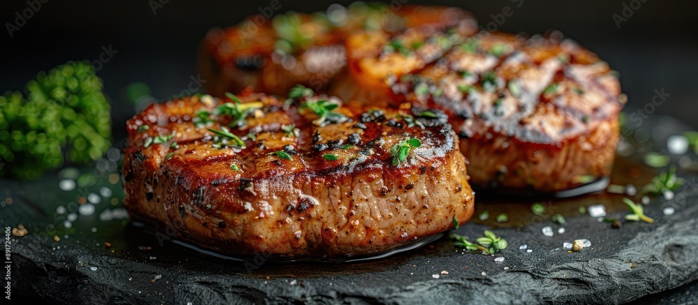 Canvas Prints Grilled Steak with Herbs and Salt on a Black Slate Plate