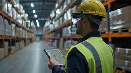 Warehouse Worker Using Augmented Reality Glasses and Tablet