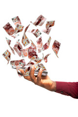 Black hand holding phone with Argentine Chacho notes hovering on screen isolated on transparent...