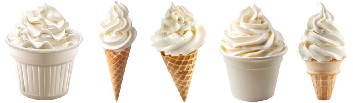 5 styles of vanilla soft creams volume 1. Serving in a waffle cone and cup. Set of isolated food on transparent background.