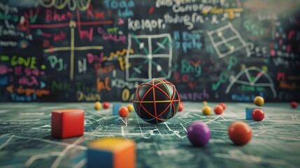 a ball with a string wrapped around it surrounded by colored cubes and numbers on a blackboard background..