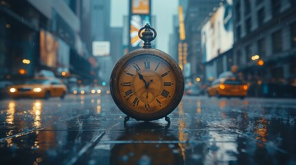 alarm clock sits on a wet street with blurry city