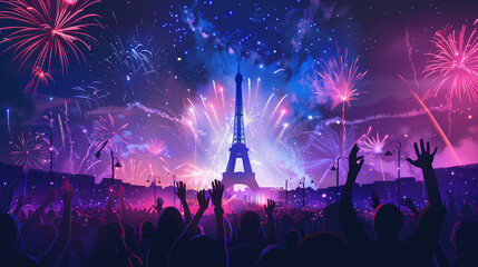 A crowd of people cheering with fireworks in the background, a silhouette illustration of the Eiffel Tower and the Seine River in Paris in the style of vector style, colorful, vibrant, olympics,