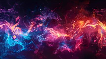 a colorful background with music notes and smoke
