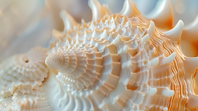 A conch shell up close its spiraled shape and ridged texture creating a unique and intriguing display.