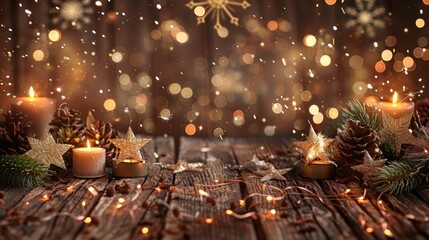 Christmas decorations with candles, pine cones, and sparkling ornaments on a wooden table, creating a warm holiday ambiance