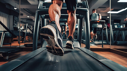 Close-up of man feet on a treadmill running at the gym or at home