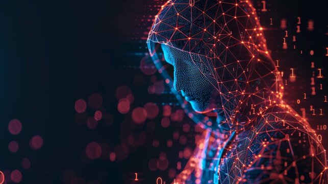 Concept of cyber security depicted with a digital abstract hacker, wearing a hoodie obscuring his face, engaged in cyber attack and data hacking on a computer. Illustration rendered in 3D vector polyg