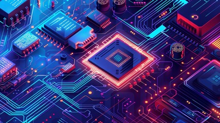 Fototapeta premium Digital vector illustration of a computer motherboard featuring a chip, processor, and semiconductor on a technology-themed background with interconnected blue lines and electronic components.