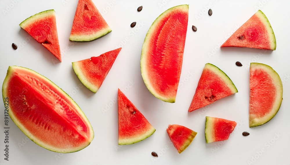 Poster assorted watermelon slices scattered on a white surface overhead view with a playful arrangement fru