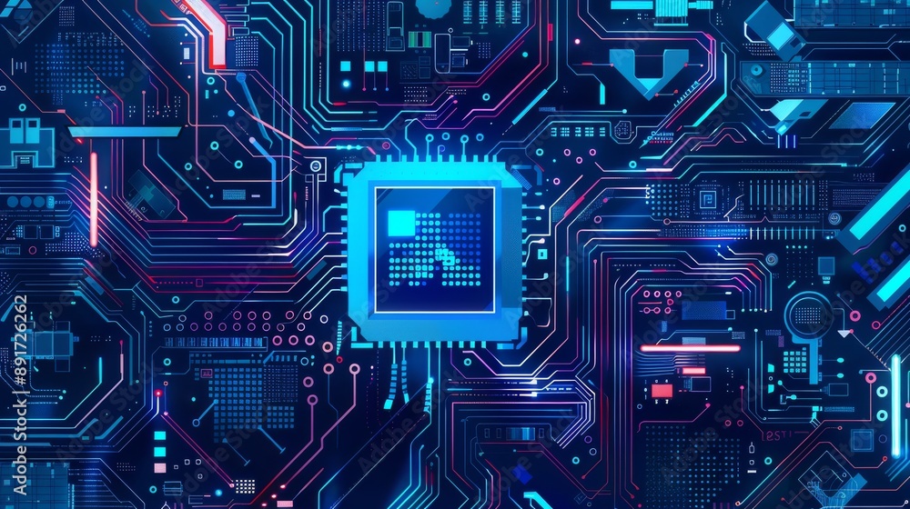 Wall mural digital vector illustration of a computer motherboard featuring a chip, processor, and semiconductor