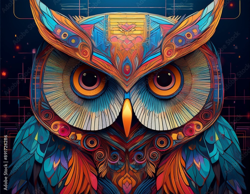 Poster a captivating owl made from squares lines and intricate floral patterns