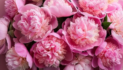 bouquet of a lot of peonies of pink color close up flat lay top view peony flower texture