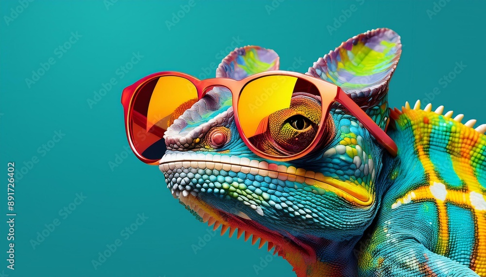 Poster chameleon wearing sunglasses on a solid color background art digital art faceted minimal abstract pa