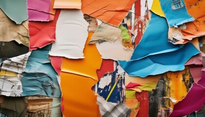 Colorful ripped torn grunge posters background creased crumpled paper backdrop placard surface copy space