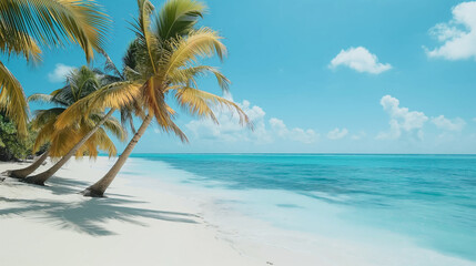 Beautiful tropical shoreline with lush palm trees and calm, blue waters, offering a perfect vacation escape.
