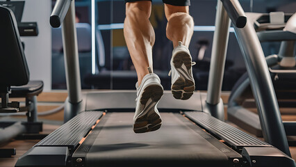 Close-up of man feet on a treadmill running at the gym or at home