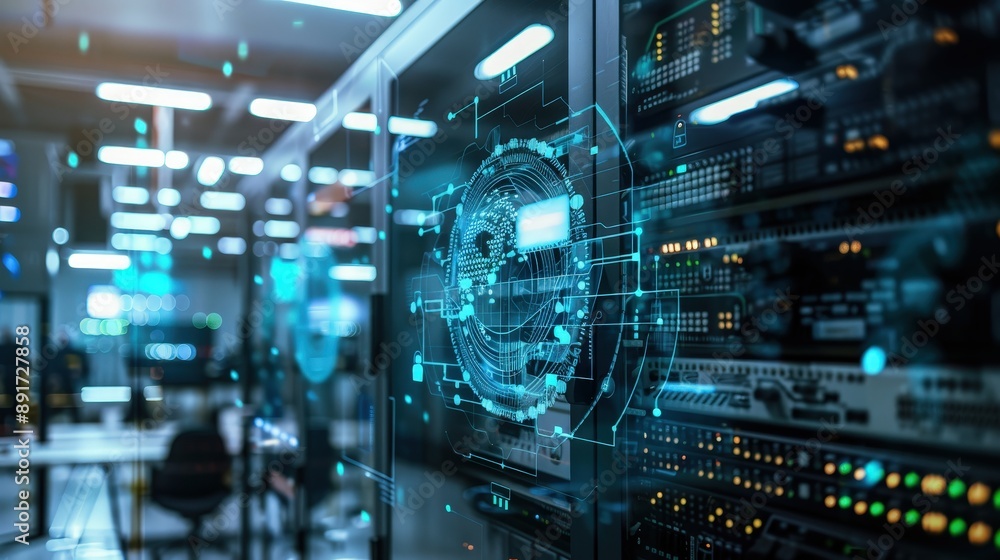 Poster Cybersecurity protocols are being tested in a modern tech lab. The image shows a close-up of a server rack with a digital overlay representing the network