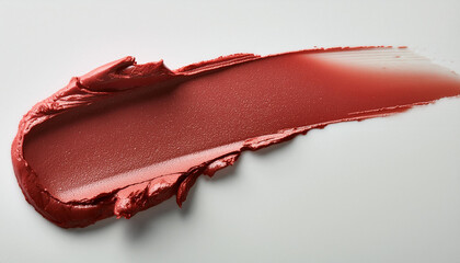 Closeup of red glitter makeup smear. Beauty and makeup concept. Lipstick swatch on white