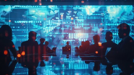A group of cybersecurity professionals meet in a corporate boardroom, silhouetted against a large screen displaying data visualizations