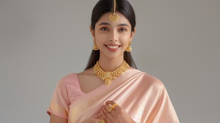 Indian woman in a pink sari with gold jewelry, holding gold and smiling at the camera