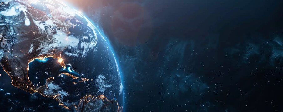 Breathtaking Earth View from Space: Illuminated Cities and Delicate Clouds Paint a Mesmerizing Global Landscape. Abstract Panorama Showcasing Urban Development, Interconnectedness, and the Fragile Bea