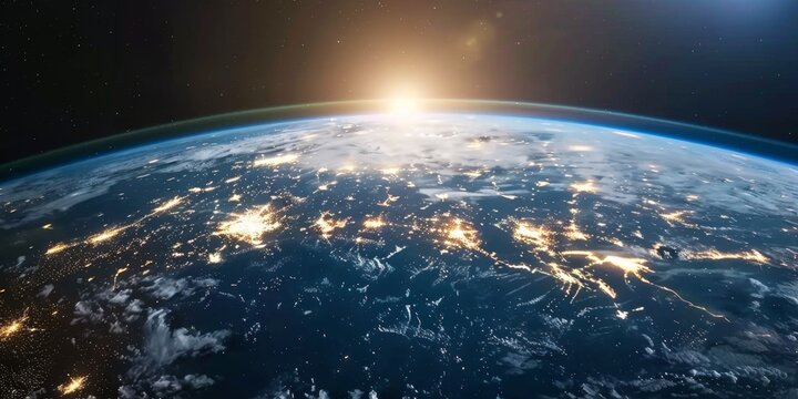Breathtaking Earth View from Space: Illuminated Cities and Delicate Clouds Paint a Mesmerizing Global Landscape. Abstract Panorama Showcasing Urban Development, Interconnectedness, and the Fragile Bea