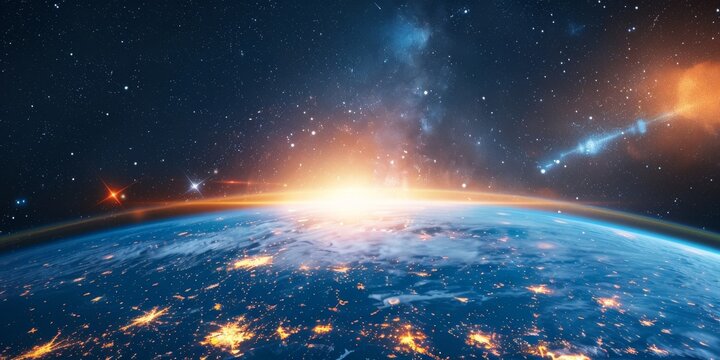 Breathtaking Earth View from Space: Illuminated Cities and Delicate Clouds Paint a Mesmerizing Global Landscape. Abstract Panorama Showcasing Urban Development, Interconnectedness, and the Fragile Bea