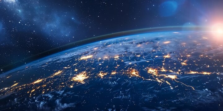 Breathtaking Earth View from Space: Illuminated Cities and Delicate Clouds Paint a Mesmerizing Global Landscape. Abstract Panorama Showcasing Urban Development, Interconnectedness, and the Fragile Bea