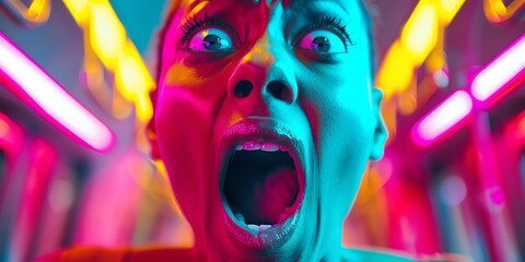 Obraz premium A close-up of an expressive woman screaming, showcasing vibrant neon lights and intense emotions in a dramatic urban setting.