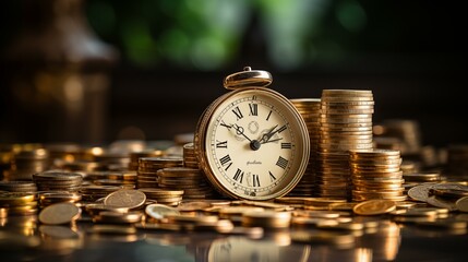 gold clock with gold coins. Time is money concept